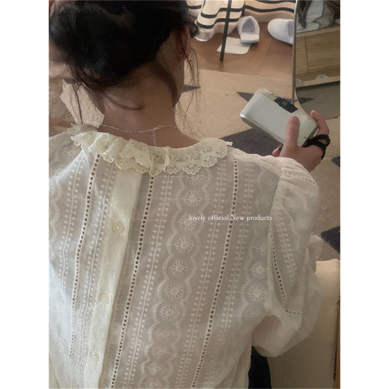 Áo Nữ Tay Dài Cổ Tròn Phối Ren Phong Cách Hàn Quốc