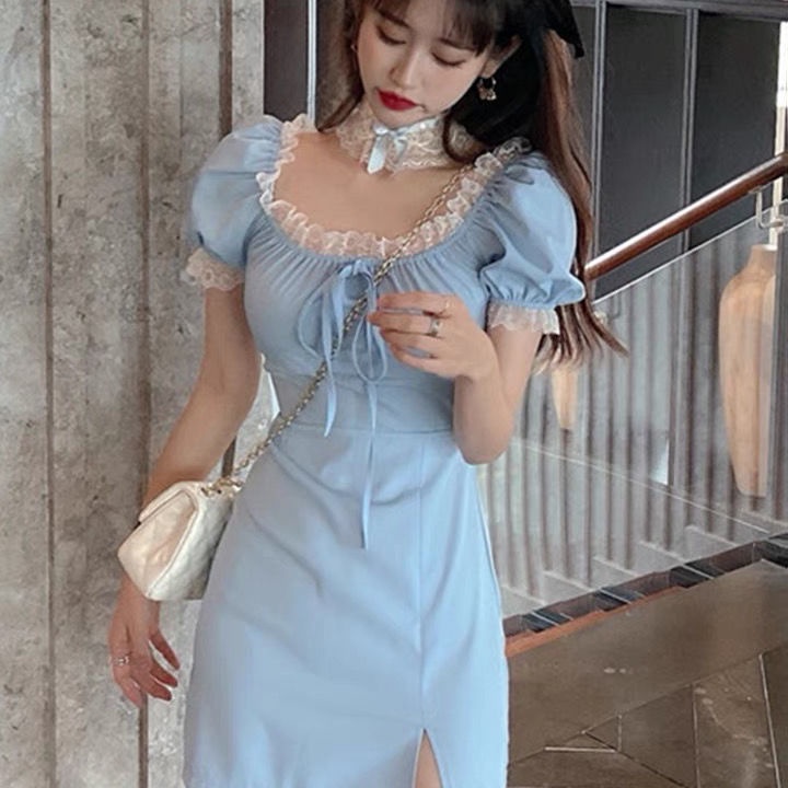 Đầm Tay Phồng Phối Ren Thắt Nơ Phong Cách Hàn Quốc Mới