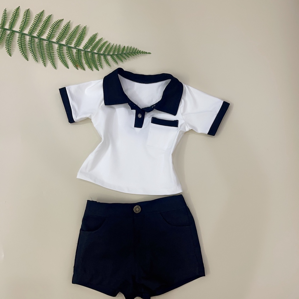 Set đồ bộ cho bé gái quần ngắn áo sơ mi cổ đen - Hàng thiết kế