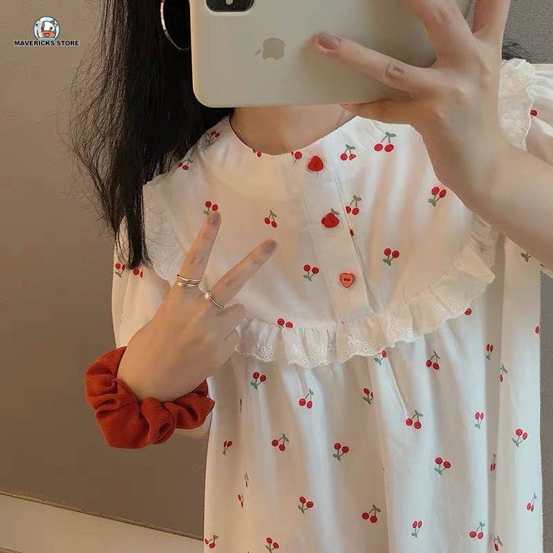 Đồ ngủ ngắn tay in họa tiết cherry xinh xắn cho nữ