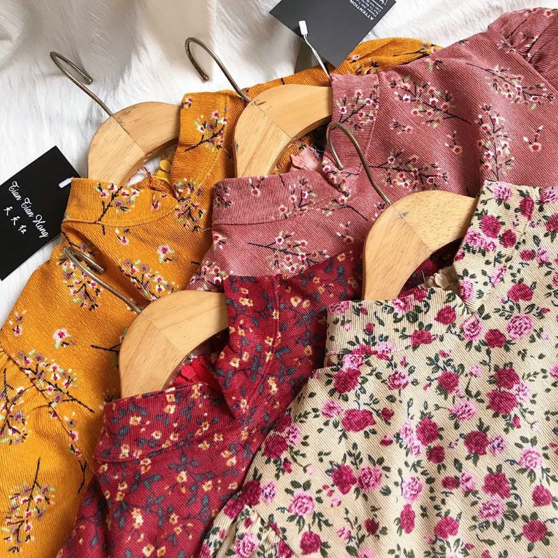 Set áo dài hoa nhung + quần suông 4 màu.