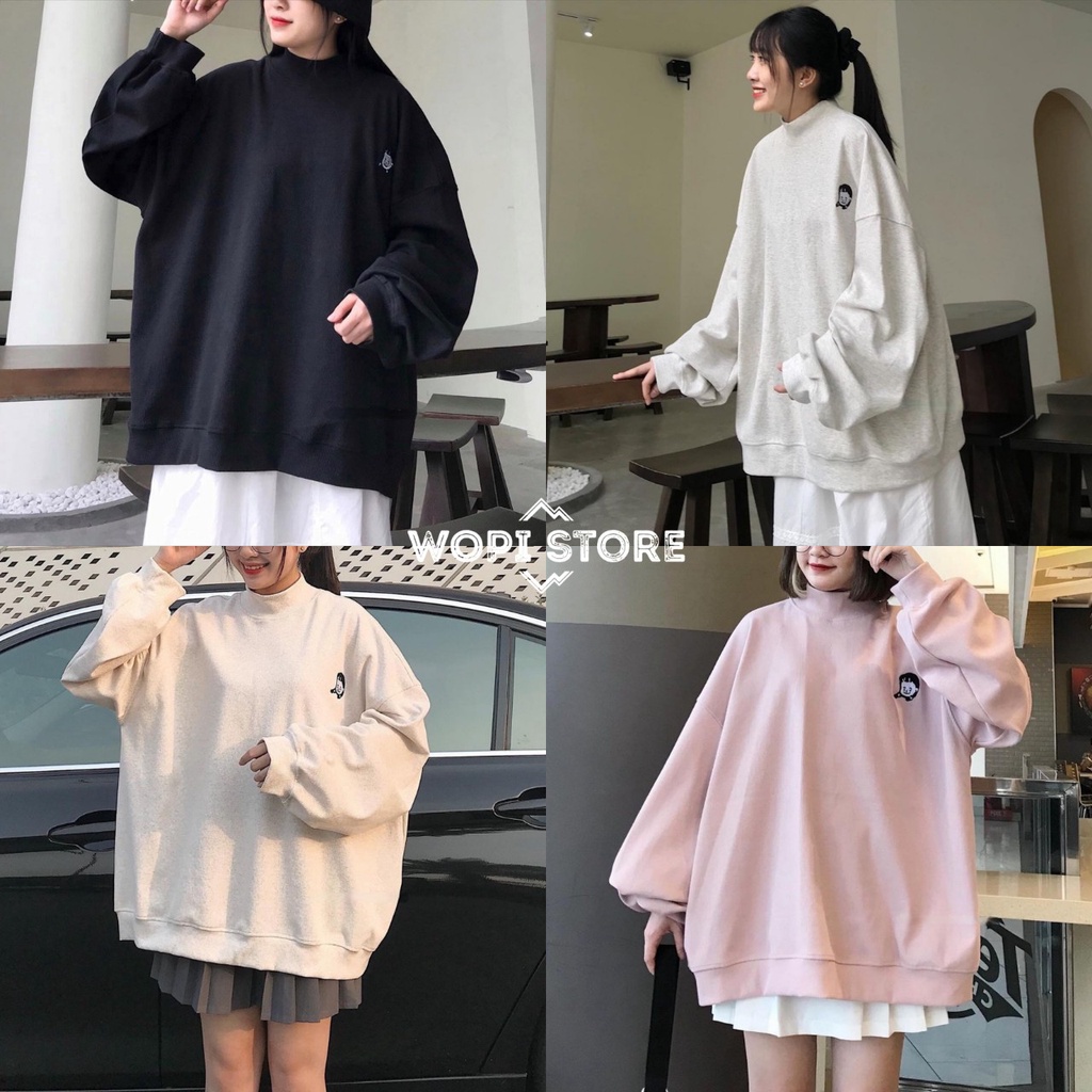 Áo Sweater Cổ Lọ NANASS Thêu Cô Gái Thun Gân Form Rộng Ulzzang (Ánh Thật)