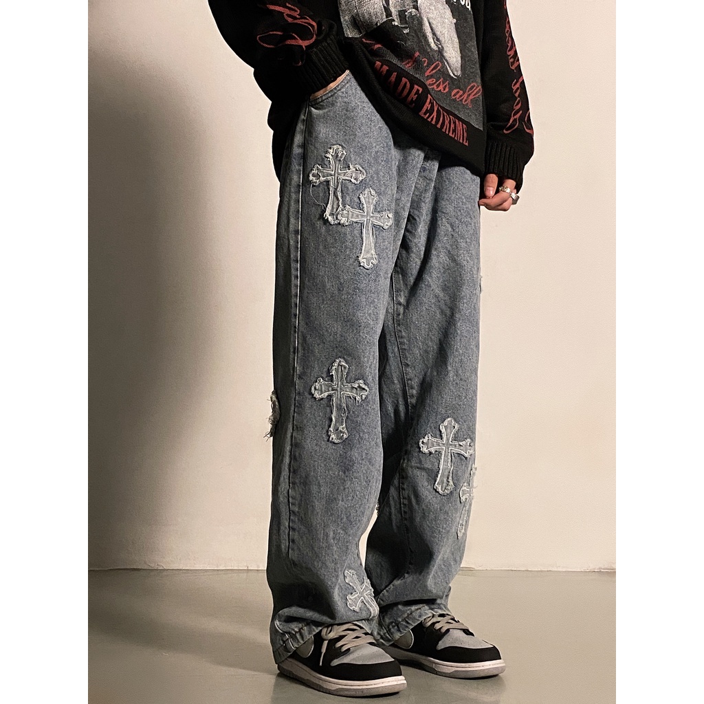 ♞AFF LIGA♞ Quần jean ống rộng thêu họa tiết phong cách hiphop thời trang đường phố năng động