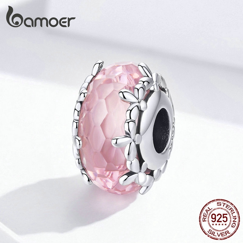 Hạt charm Bamoer hình tròn phối đá phụ kiện làm trang sức thời trang DIY