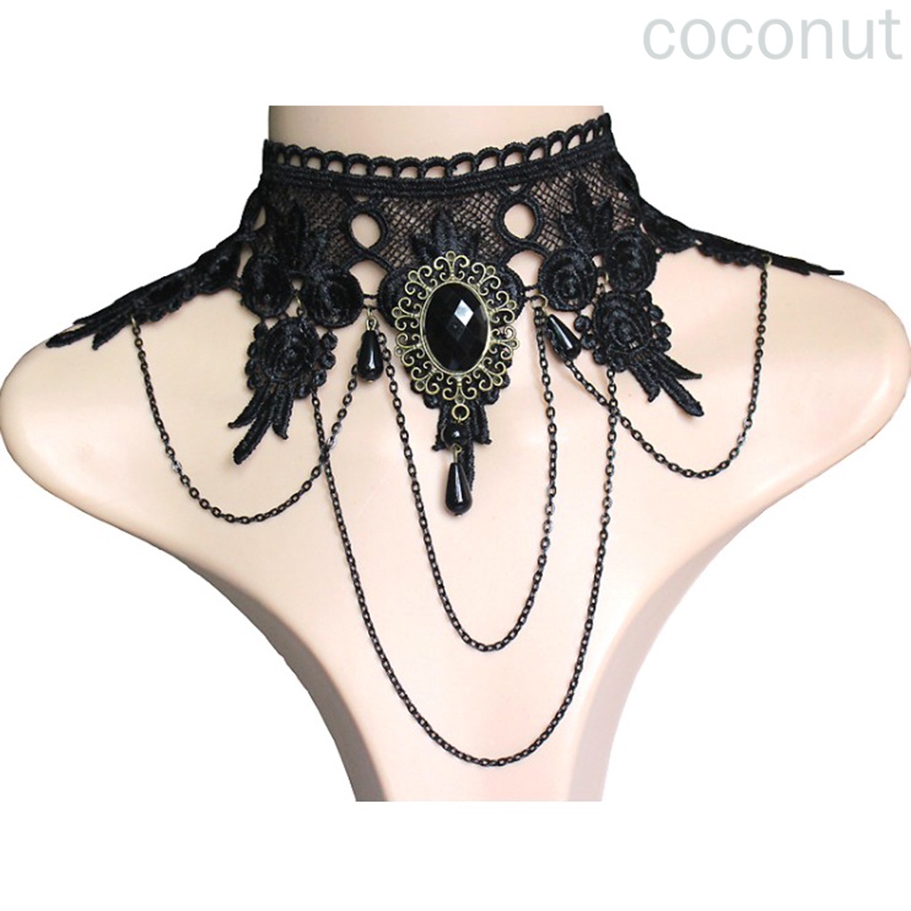 Vòng cổ choker bằng kim loại màu đen phối ren hoa tua rua thời trang cho nữ