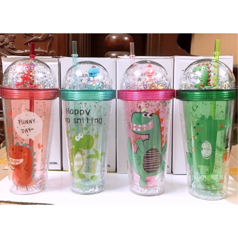 Ly đựng nước, Cốc uống nước khủng long 380ml 2 lớp hot hit 2021