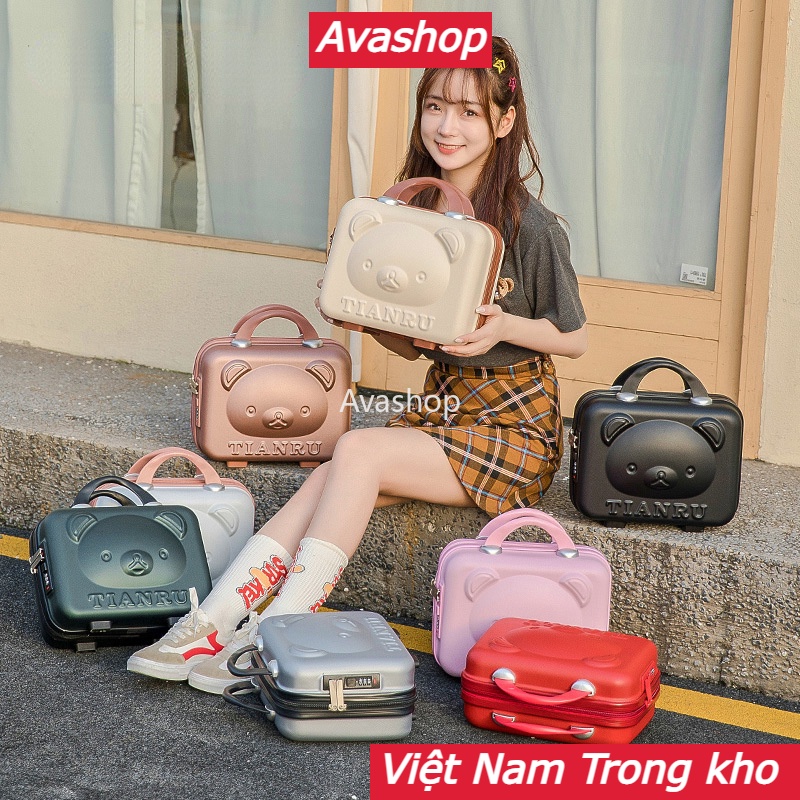 Vali du lịch mini 14 inch họa tiết gấu dễ thương, hộp vali mini đựng mỹ phẩm cá nhân