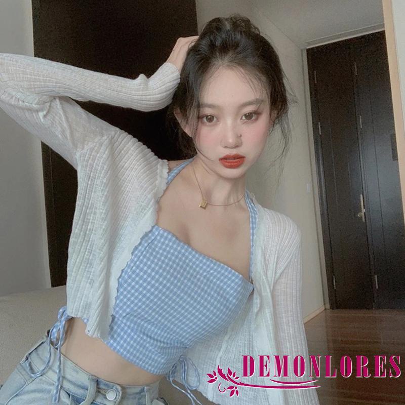 Áo Croptop Cổ Yếm Họa Tiết Caro Phối Dây Rút Thời Trang Mùa Hè Quyến Rũ Cho Nữ