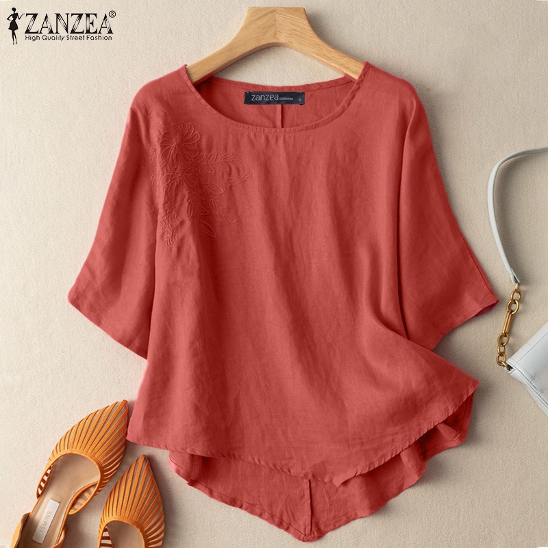 Áo thun ZANZEA cho nữ cổ tròn tay lửng màu trơn phong cách retro