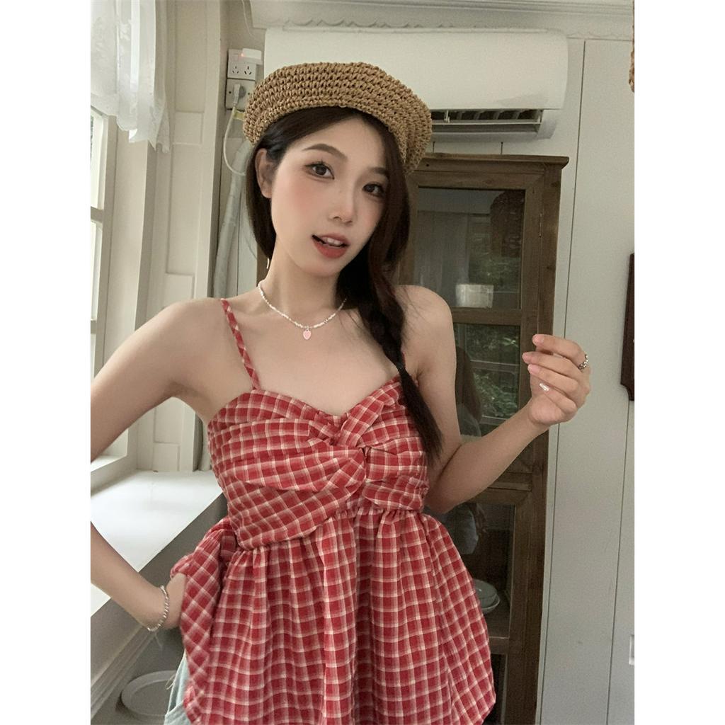 Áo Hai Dây Họa Tiết Sọc Caro Phong Cách Retro Hàn Quốc  tao bao