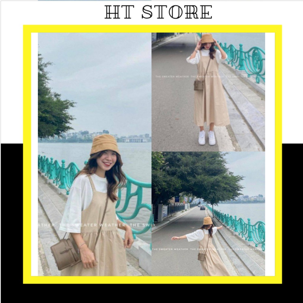 Bộ Yếm Kaki Màu Be Dài Kèm Áo Thun Cotton , Sét Yếm Nữ Áo Thun Dáng Rộng X003 - HT STORE