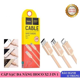 Cáp sạc 3 đầu đa năng lightning micro type C Hoco X2 dài 1m - dây dù siêu bền (Gold) - Hãng phân phối chính thức -BH 12T