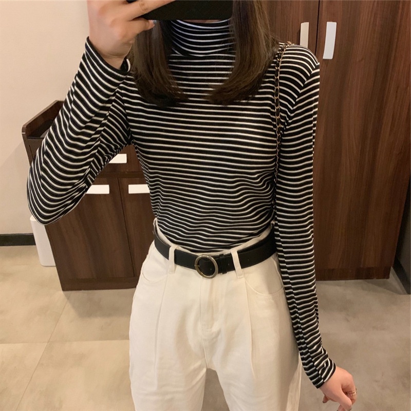 Áo thun IELGY tay dài cổ cao họa tiết kẻ sọc thời trang mới cho nữ