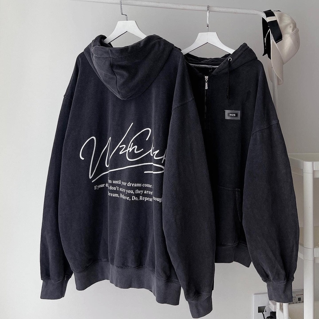 [sẵn]Áo khoác tay dài form rộng in chữ WZS vải wax lót bông (ảnh thật tại shop) Tanazi closet