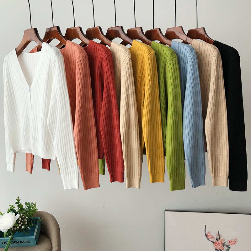 SUXI Áo Cardigan Dệt Kim Dài Tay Cổ Chữ V Màu Trơn Phong Cách Hàn Quốc