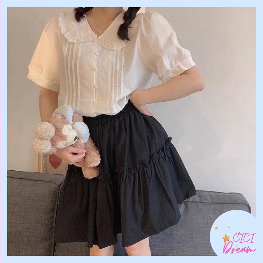 Áo sơ mi nữ trắng cộc tay bồng, cúc bọc cổ sen, Áo sơ mi trắng cộc tay cúc bọc cổ bèo ngắn tay bo [AMANDA] | BigBuy360 - bigbuy360.vn