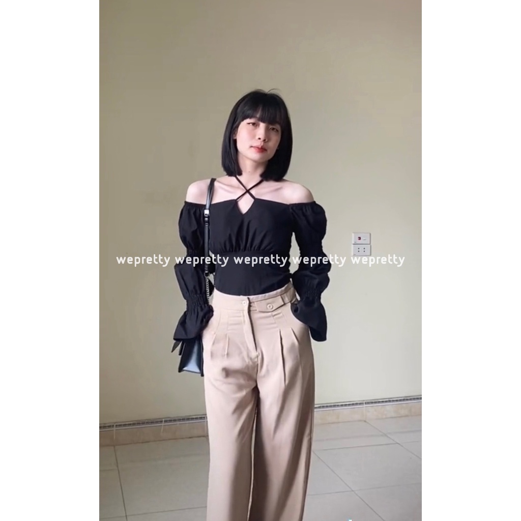 Áo trễ vai dài tay nữ dáng croptop phong cách hiện tại 2 màu đen và trắng chất thô mềm có mút ngực Wepretty Clothes | BigBuy360 - bigbuy360.vn