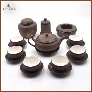 Bộ Ấm Trà Tử Sa Trăng Vàng Dáng Dẹt Kèm Phụ Kiện Đầy Đủ