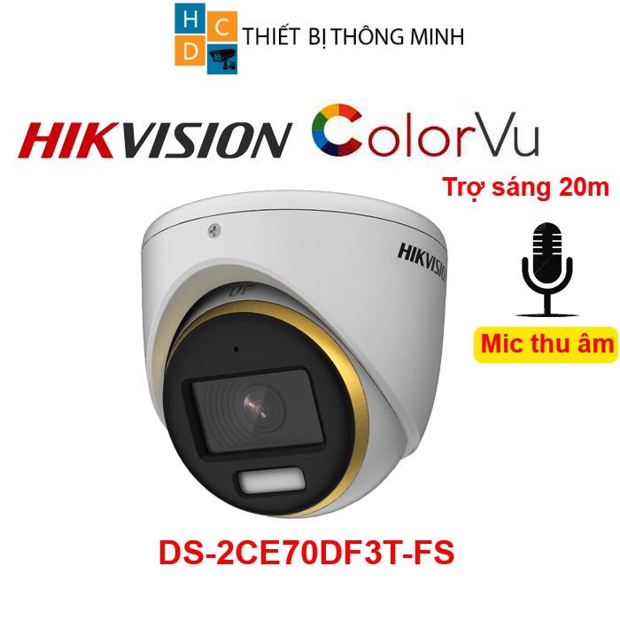 Camera Hikvision 2mp có màu ban đêm DS-2CE70DF3T-FS đèn trợ sáng 20m tích hợp mic vỏ kim loại