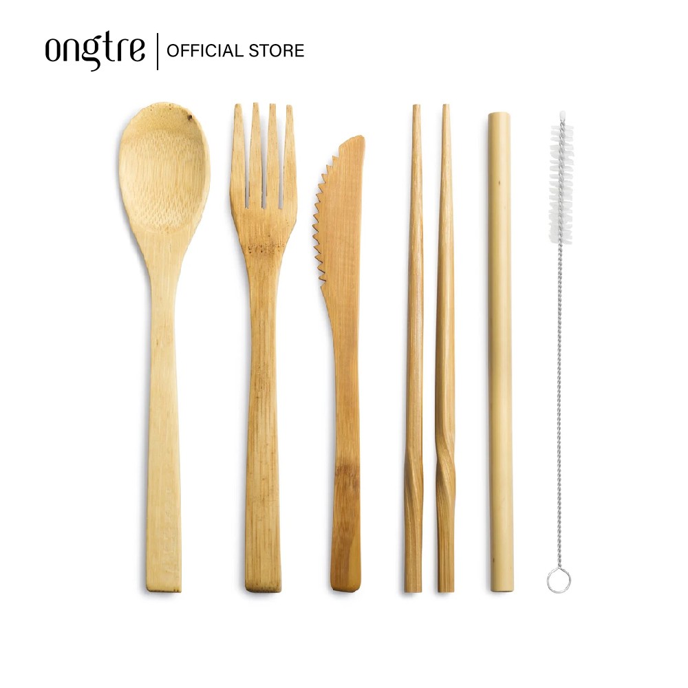 Set 7 món Tre (dao, muỗng, nĩa, đũa, cọ rửa, túi vải) du lịch tiện lợi (Bamboo Travel Utensil Pouch) | ongtre® (Vietnam)