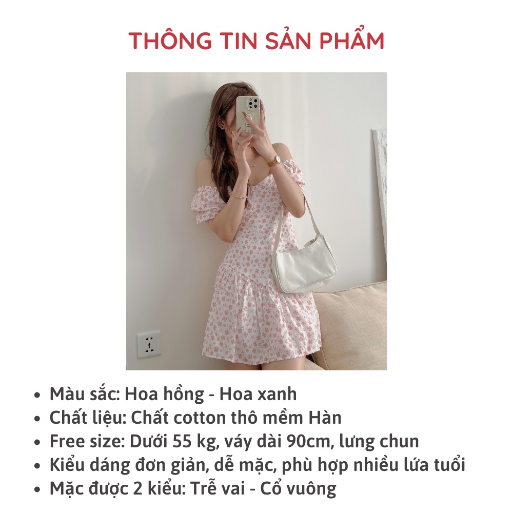 Váy mini đầm hoa nhí cỏ 4 lá dáng xòe ngắn chun lưng mặc 2 kiểu tay bồng, trễ vai Sollle VHN005