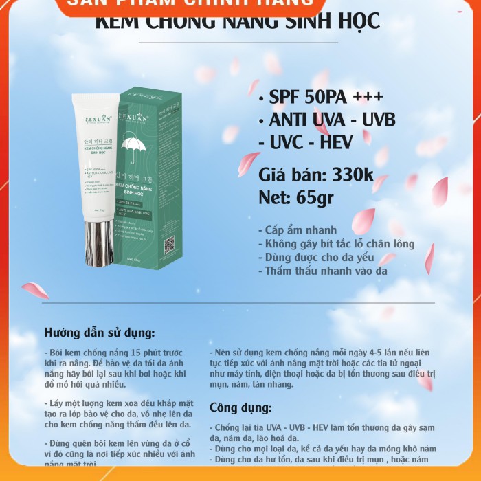 Kem Chống Nắng Sinh Học Lê Xuân - SPF50+ Pa++++ ANTI UVA, UVB, UVC, HEV. Cấp ẩm nhanh, không gây bít chân lông | BigBuy360 - bigbuy360.vn