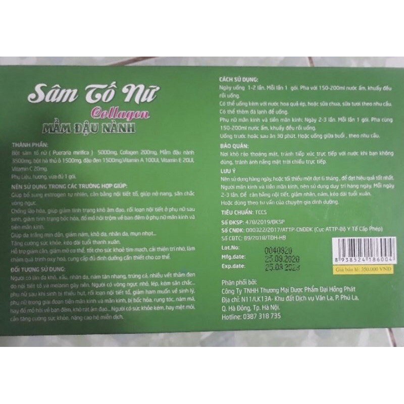 Sâm Tố Nữ Collagen Mầm Đậu Nành-  Giúp Bổ Sung Estrogen, Giúp Nở Ngực, Cân Bằng Nội Tiết Tố, Giảm Thâm, Mờ Nám,