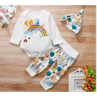 VD ❀3Pcs Infant Newborn Baby Boys Girls Letter Print Long Sleeve Rainbow Romper + Animals Pants + Hat Cute Outfits