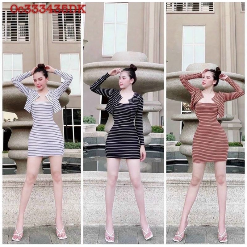 Sét đầm 2 dây ôm body + áo khoác họa tiết sọc chất thun gân dày dặn xịn sò cam kết hàng y hình ( free size dưới 52kg )