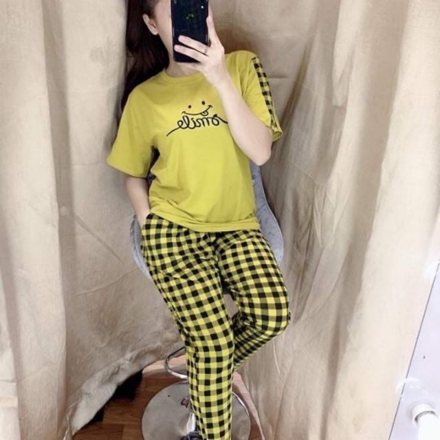 Đồ bộ cotton dài quần caro, Áo thiêu chữ dễ thương, cá tính (ảnh tự chụp) | BigBuy360 - bigbuy360.vn