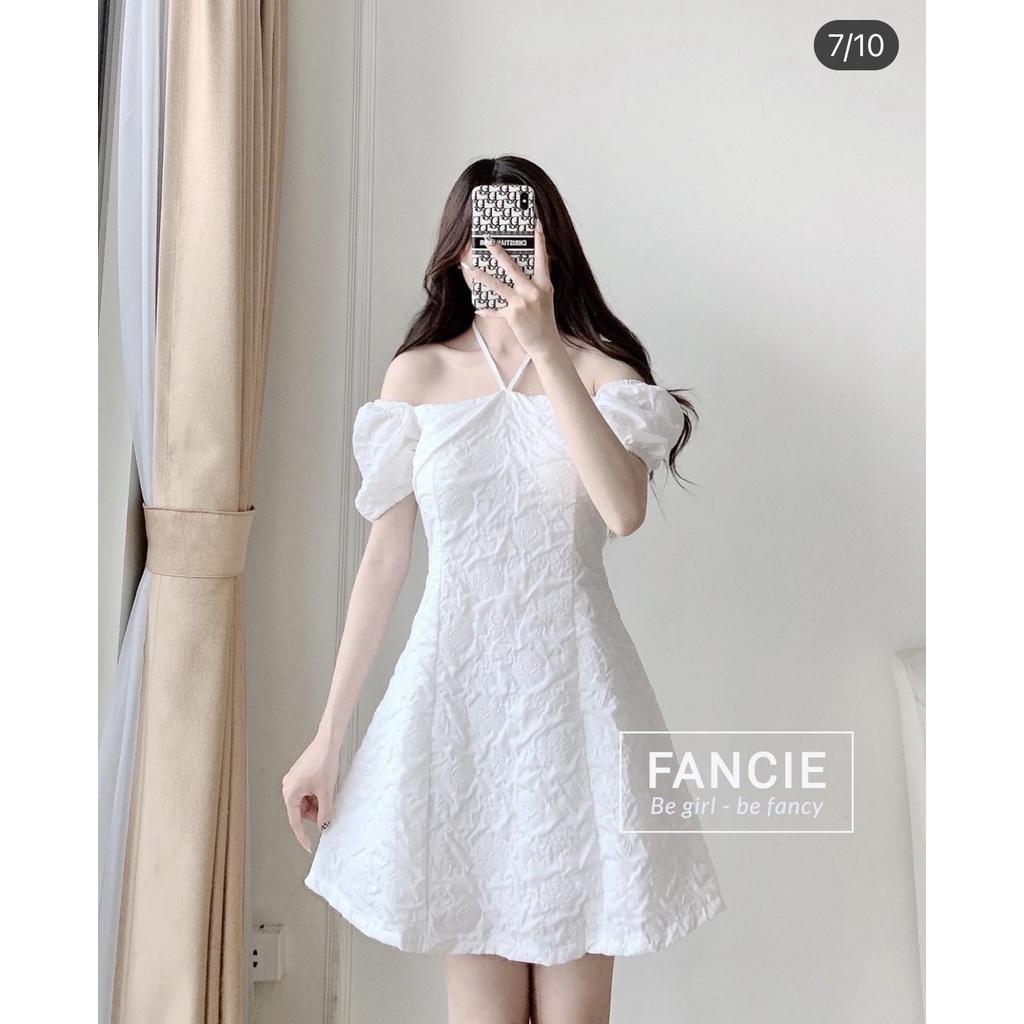 Váy trắng tiểu thư tay bồng, Váy trắng dự tiệc hoa văn xốp ( Ảnh + Video Thật ) - Ngọc Uyên Store