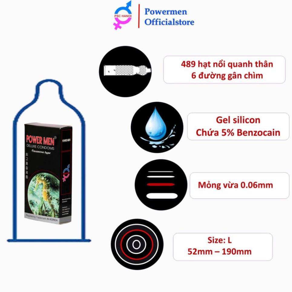 Bao cao su POWER MEN siêu mỏng chứa 5% Benzocain kéo dài thời gian POWER MEN LONGSHOCK cá ngựa đen hộp 12 chiếc