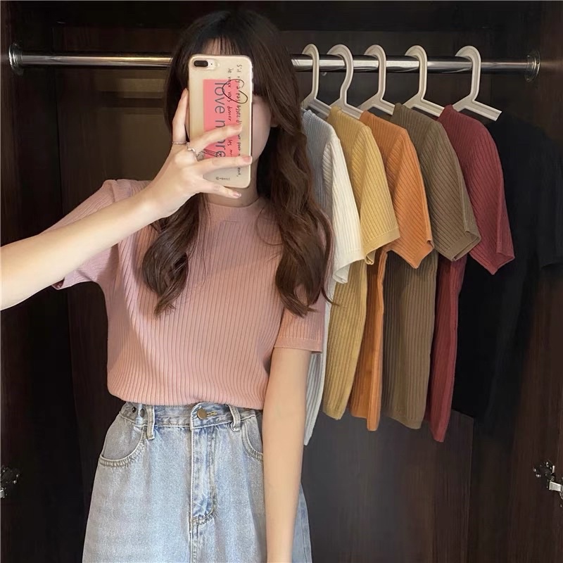 Áo len đũa cộc tay nữ, áo len dệt kim cho nữ hàng QC
