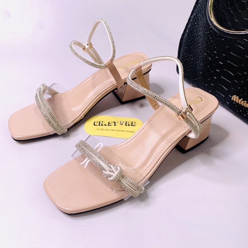 Sandal cao gót nữ, dép đi học quai ngang đính hạt xoàn đế vuông 5p - Mã H06