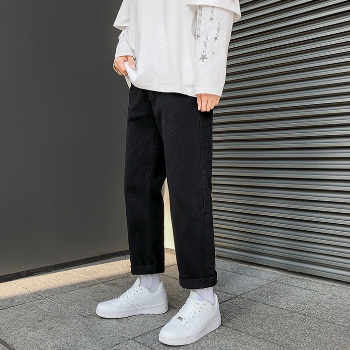Quần jeans đen ống rộng nam nữ , phong cách Hàn Quốc , vải không co dãn , dáng quần baggy unisex cho học sinh sinh viên | BigBuy360 - bigbuy360.vn
