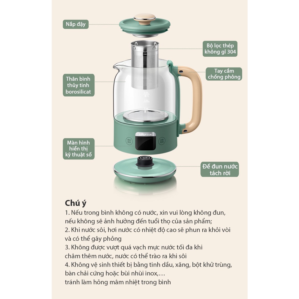 Bình Máy Pha Trà Mini, Chưng Yến, Đun Nước_Bear YSH-B18P1 Giữ Ấm Đa Chức Năng, Dung Tích 1800ml, Bảo Hành 18 Tháng, Tuli