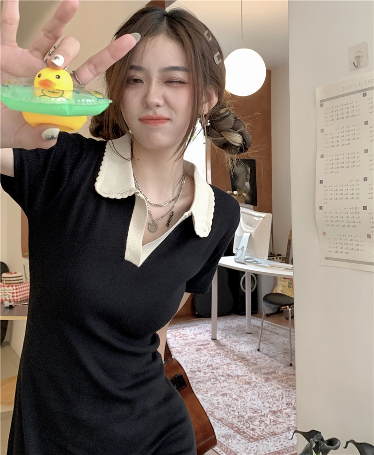 Đầm Dệt Kim Màu Đen Cổ POLO Phong Cách Hàn Quốc Thời Trang Mùa Hè 54268