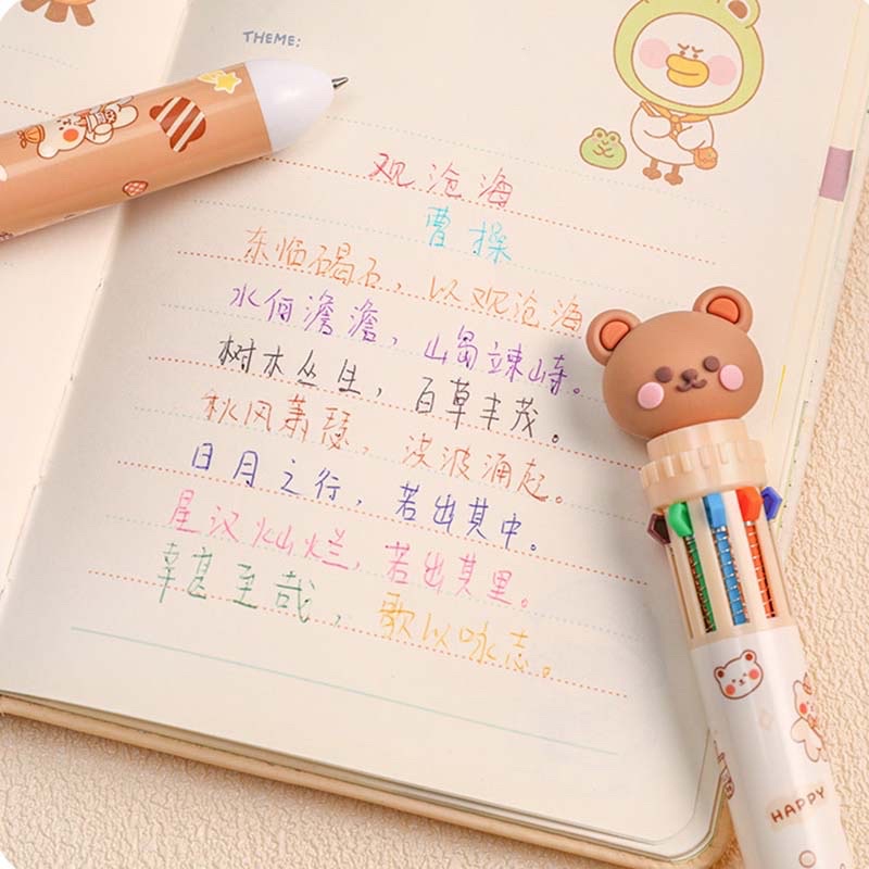 Bút Bi 10 Màu Hình Gấu Dễ Thương Cho Học Sinh/Văn Phòng