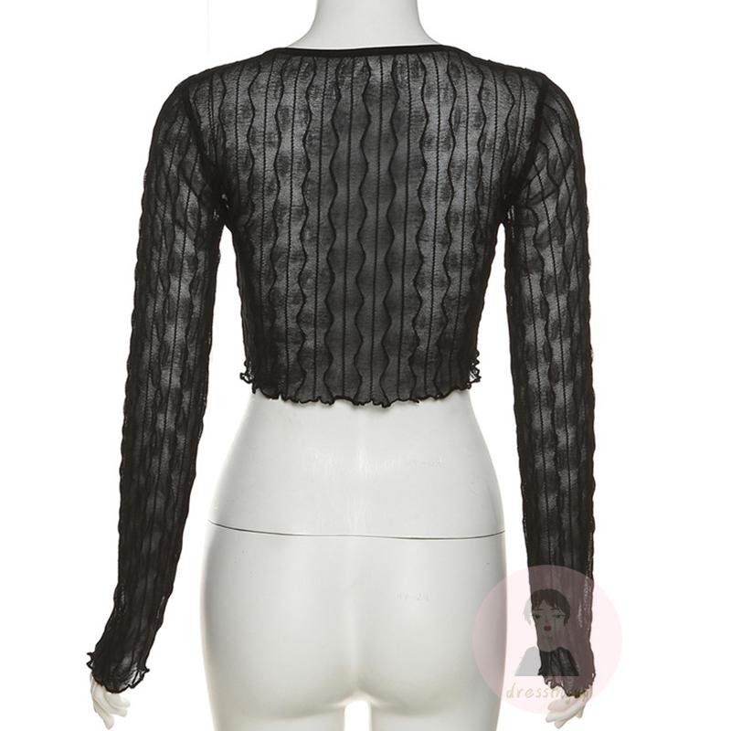 Áo Thun Tay Dài Dáng Ôm Màu Trơn Khóa Kim Loại Xuyên Thấu Cho Nữ