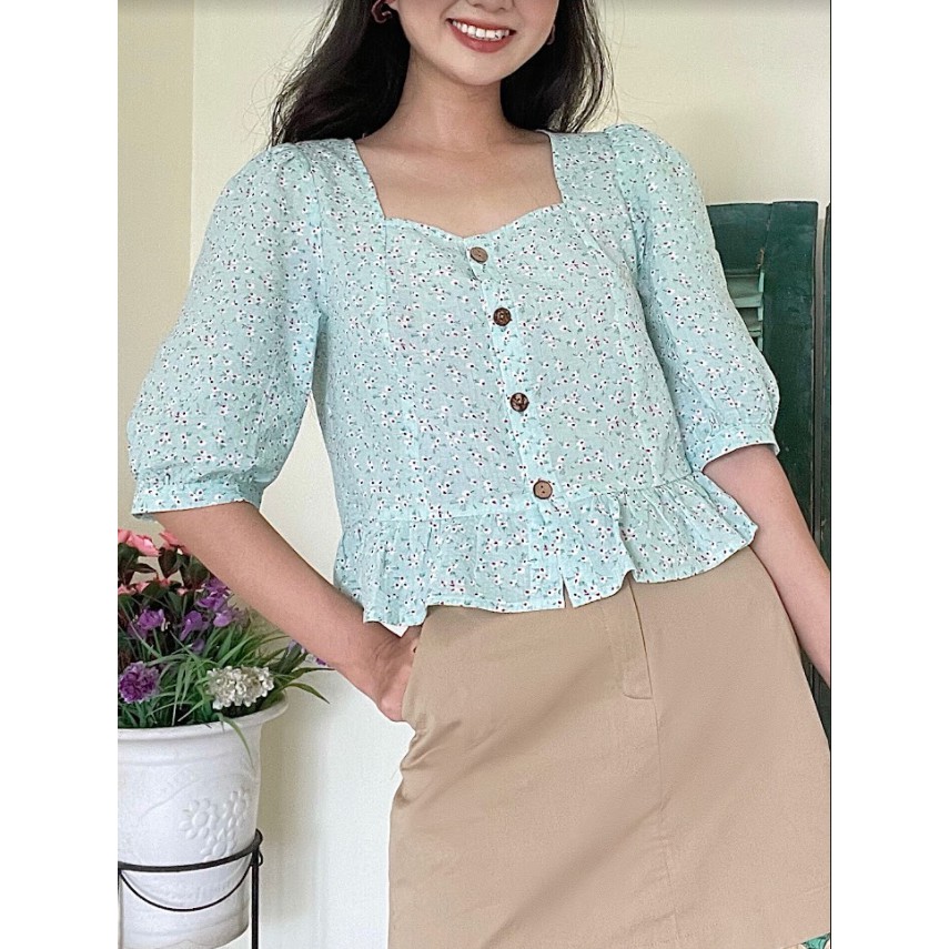 Áo sơ mi roptop thô xốp hoa nhí xanh Mint 1AO3021 ADORE DRESS | BigBuy360 - bigbuy360.vn