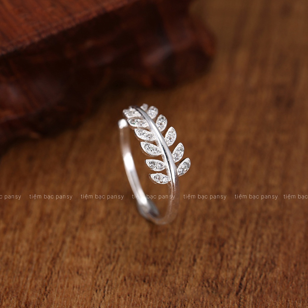 Nhẫn bạc nữ PANSY hình chiếc lá oliu đính đá, nhẫn bạc 925 thiết kế hở freesize
