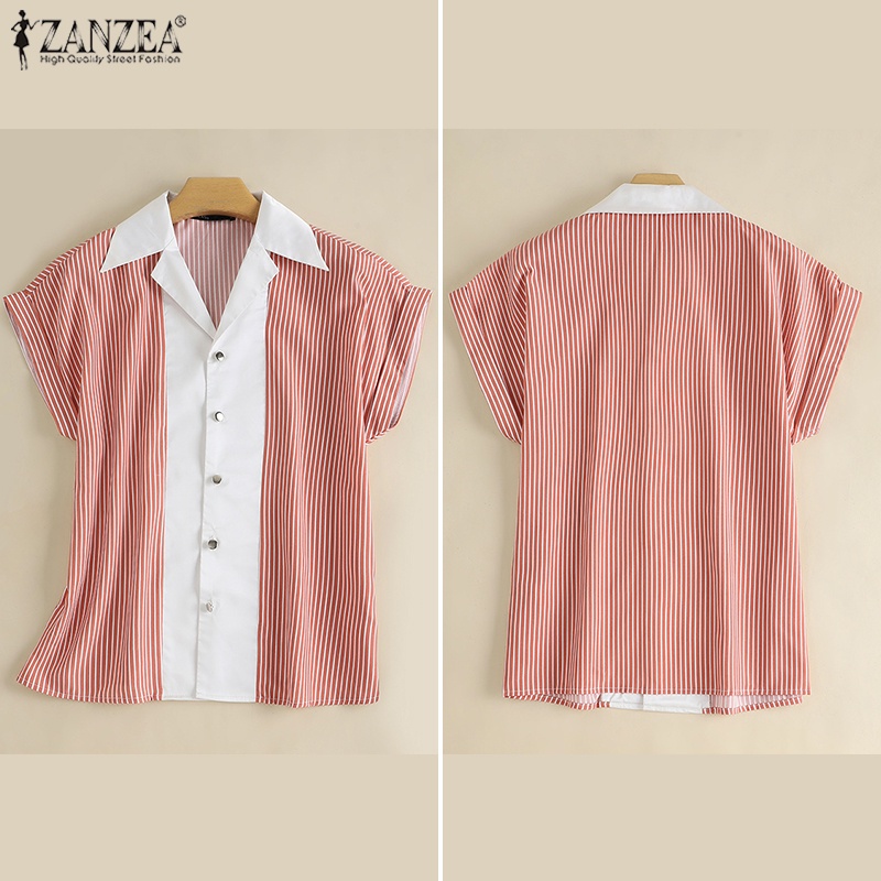 ZANZEA Áo Sơ Mi Nữ Ngắn Tay Họa Tiết Sọc Thời Trang
