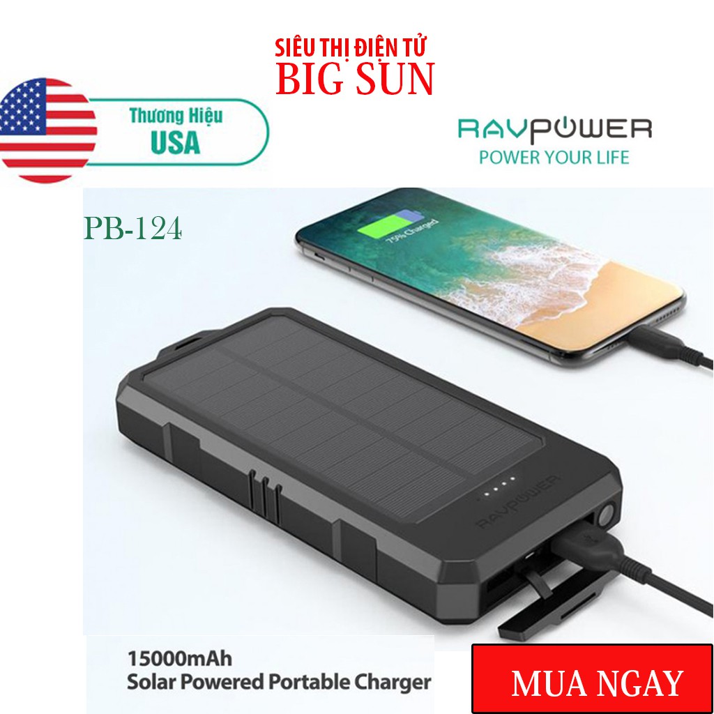 Pin sạc dự phòng Năng Lượng Mặt Trời RAVPower 15000mAh RP-PB124- THƯƠNG HIỆU USA- HÀNG CHÍNH HÃNG