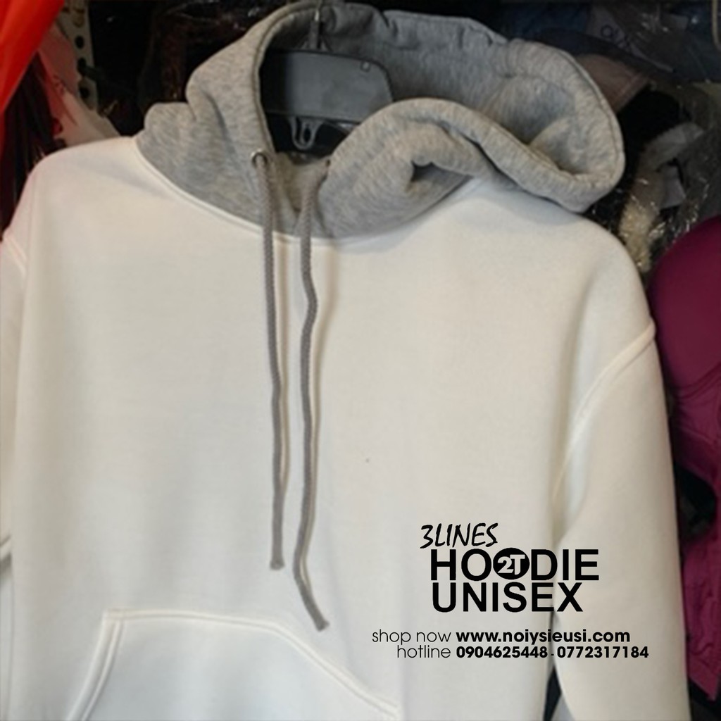 Áo Hoodie 3Lines nón xám unisex 2T Store H3L01 màu trắng - Áo khoác nỉ nữ 3 sọc nón xám 2 lớp dày dặn chất lượng đẹp