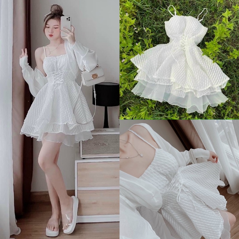 Đầm váy trắng xốp phối tơ xoè hai/2 dây đan eo thời trang nữ tiểu thư công chúa cute đi biển tiệc tùng party sinh nhật