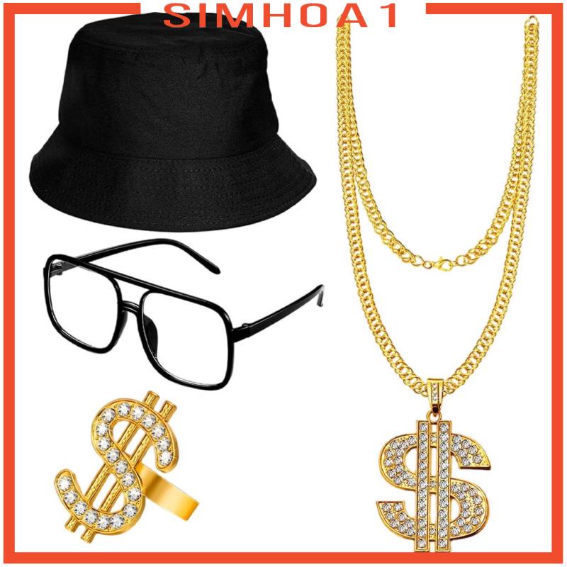 Set mũ bucket + dây chuyền + nhẫn + mắt kính phong cách hip hop rapper thời trang thập niên 80/ 90 dùng để dự tiệc
