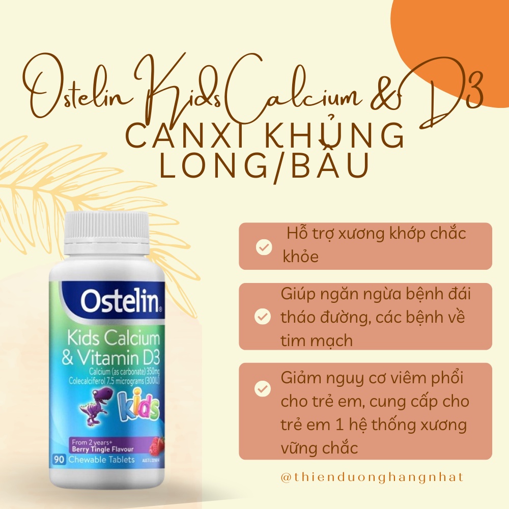Canxi khủng long/bầu Ostelin Kids Calcium &amp; D3, Úc (90v/130v) phát triển xương, răng cho bé và mẹ bầu