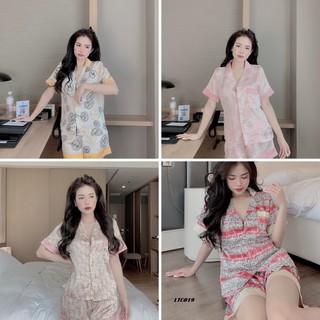 Đồ ngủ, quần áo mặc nhà nữ đồ bộ pijama lụa quần đùi họa tiết chất liệu latin siêu mát