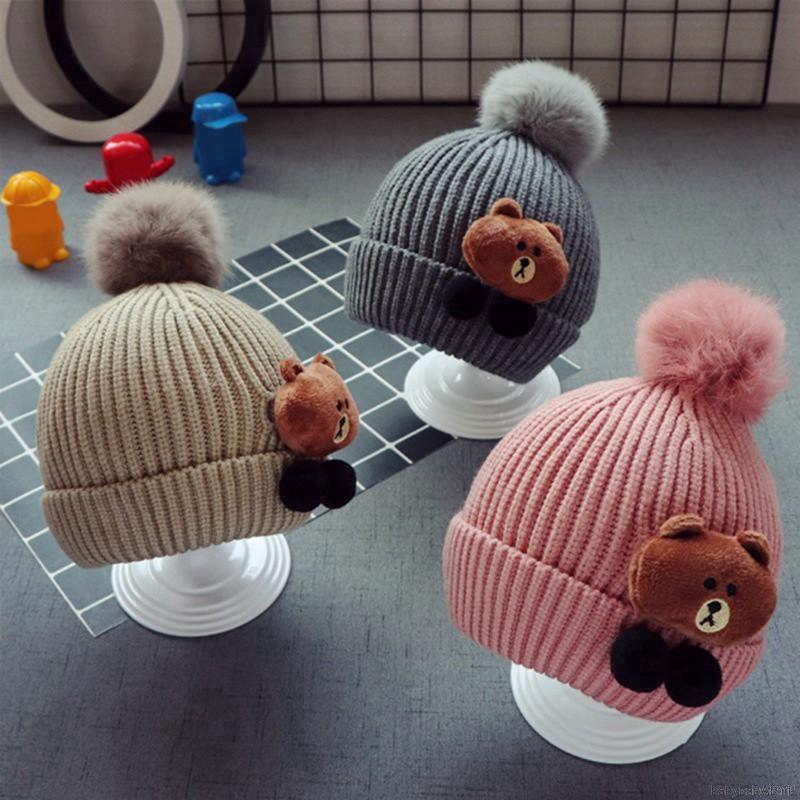 Mũ len giữ ấm đính hình gấu kiểu Hàn Quốc thời trang cho bé trai + gái