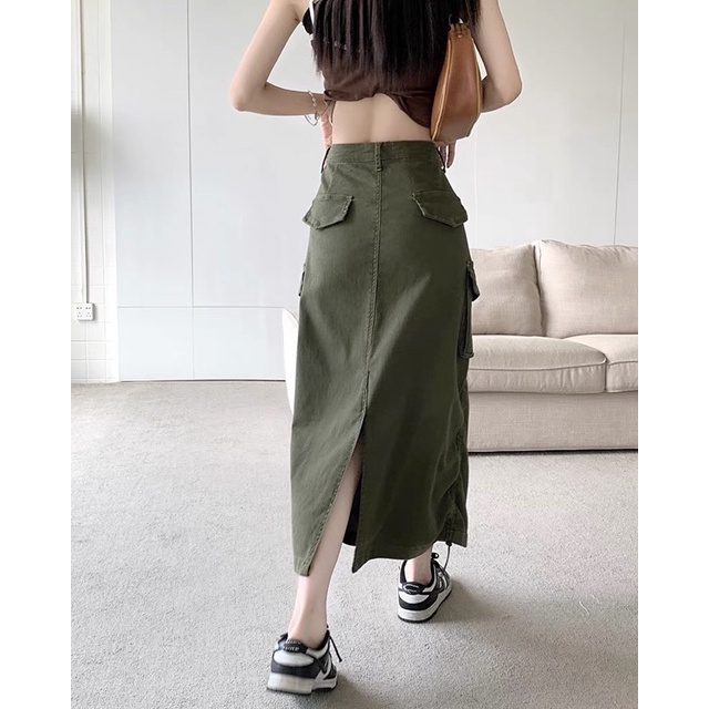 chân váy dài  kaki chữ A lưng cao túi hộp phối dây rút  phong cách Hàn quốc vintage